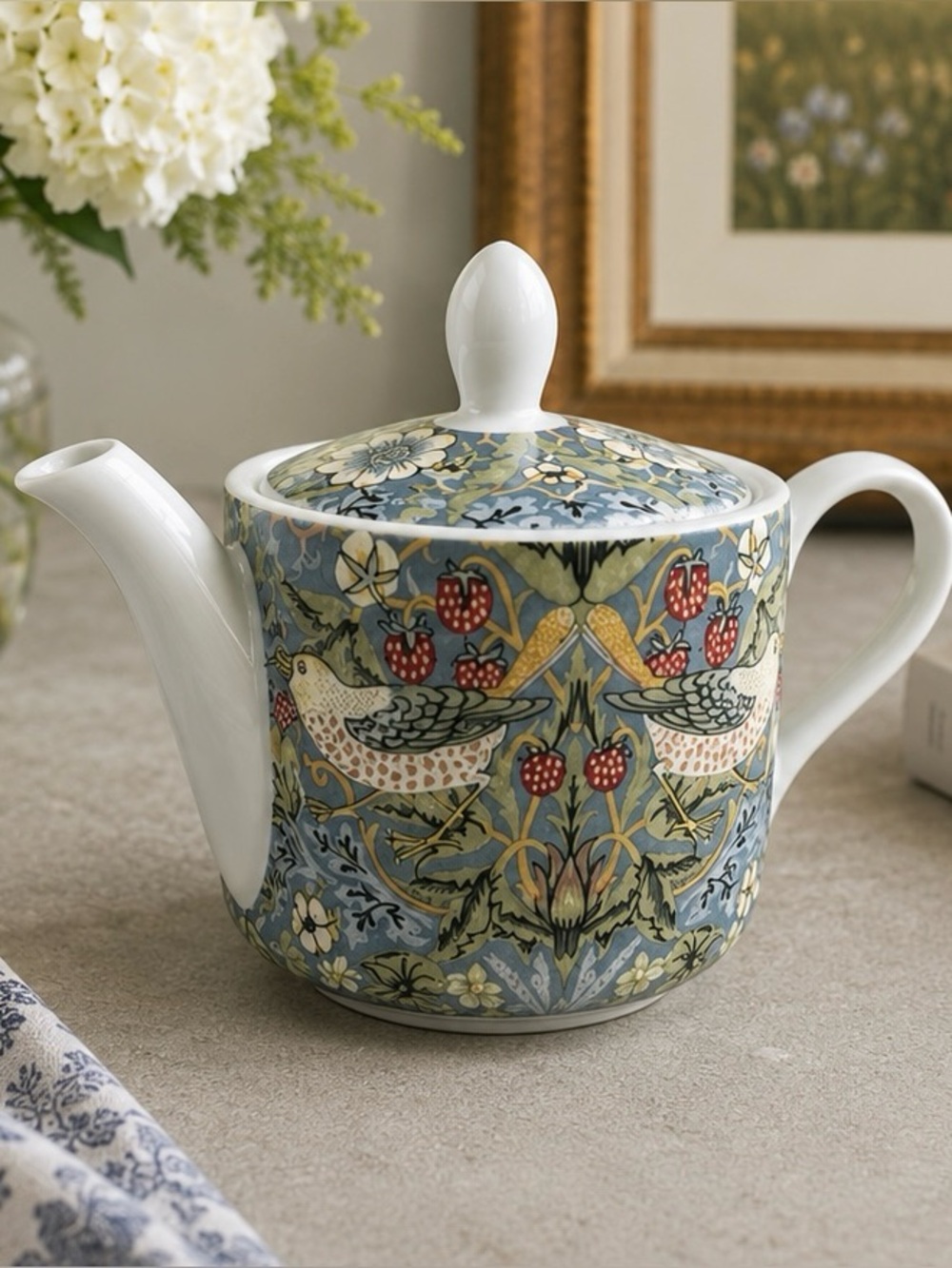 Spode Morris & Co English Covered Teapot Strawberry Thief Blue Floral Ceramic